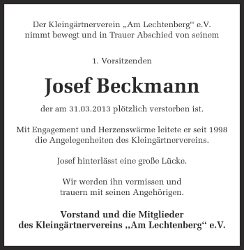 Traueranzeige von Josef Beckmann von Münstersche Zeitung und Grevener Zeitung