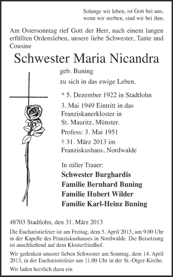 Traueranzeige von Schwester Maria Nicandra von Münstersche Zeitung und Münsterland Zeitung