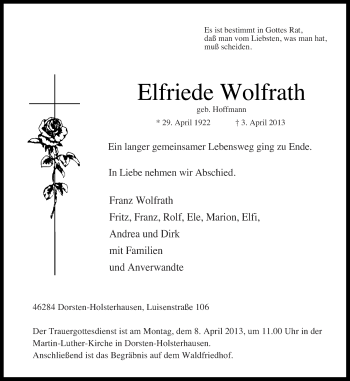 Traueranzeige von Elfriede Wolfrath von Ruhr Nachrichten und Dorstener Zeitung
