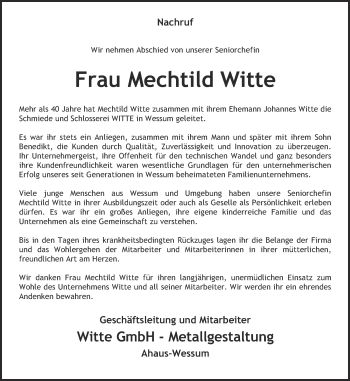 Traueranzeige von Mechtild Witte von Münstersche Zeitung und Münsterland Zeitung