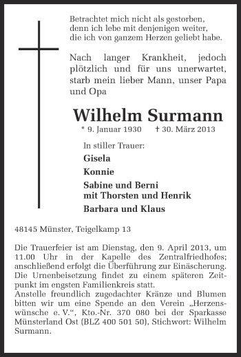 Traueranzeige von Wilhelm Surmann von Münstersche Zeitung und Grevener Zeitung