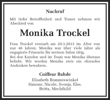 Traueranzeige von Monika Trockel von Ruhr Nachrichten und Dorstener Zeitung