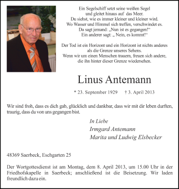 Traueranzeige von Linus Antemann von Münstersche Zeitung und Grevener Zeitung