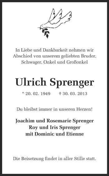 Traueranzeige von Ulrich Sprenger von Ruhr Nachrichten