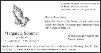 Traueranzeige von Margarete Sommer von Münstersche Zeitung und Grevener Zeitung
