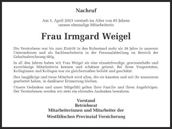 Traueranzeige von Irmgard Weigel von Münstersche Zeitung und Grevener Zeitung