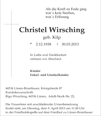 Traueranzeige von Christel Wirsching von Ruhr Nachrichten