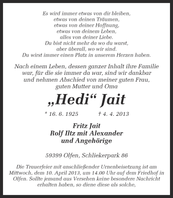 Traueranzeige von Hedi Jait von Ruhr Nachrichten