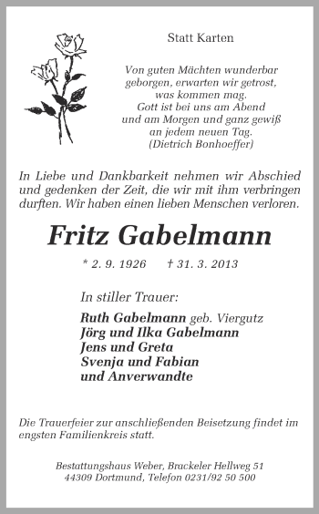 Traueranzeige von Fritz Gabelmann von Ruhr Nachrichten
