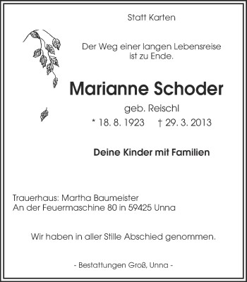 Traueranzeige von Marianne Schoder von Ruhr Nachrichten