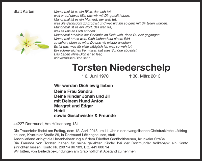  Traueranzeige für Torsten Niederschelp vom 06.04.2013 aus Ruhr Nachrichten