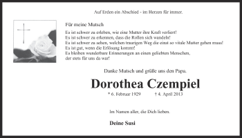 Traueranzeige von Dorothea Czempiel von Ruhr Nachrichten