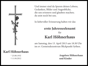 Traueranzeige von Karl Höhnerhaus von Ruhr Nachrichten und Halterner Zeitung