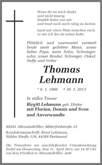 Traueranzeige von Thomas Lehmann von Ruhr Nachrichten