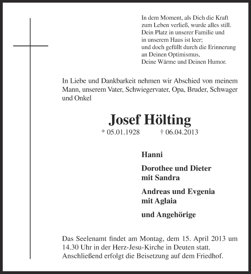  Traueranzeige für Josef Hölting vom 09.04.2013 aus Ruhr Nachrichten und Dorstener Zeitung