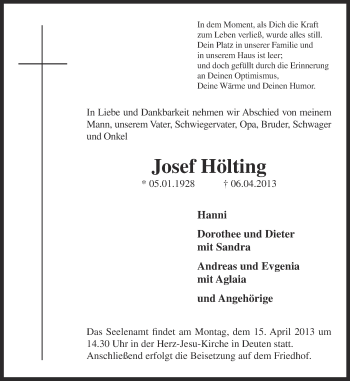 Traueranzeige von Josef Hölting von Ruhr Nachrichten und Dorstener Zeitung
