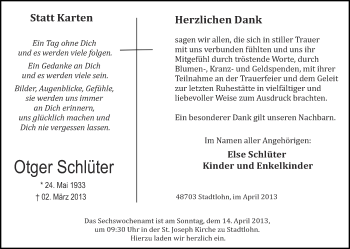 Traueranzeige von Otger Schlüter von Münstersche Zeitung und Münsterland Zeitung