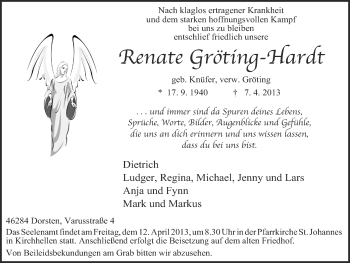 Traueranzeige von Renate Gröting Hardt von Ruhr Nachrichten und Dorstener Zeitung