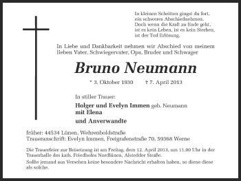 Traueranzeige von Bruno Neumann von Ruhr Nachrichten