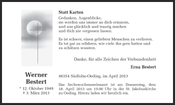 Traueranzeige von Werner Bestert von Münstersche Zeitung und Münsterland Zeitung