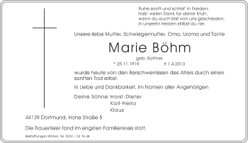 Traueranzeige von Marie Böhm von Ruhr Nachrichten