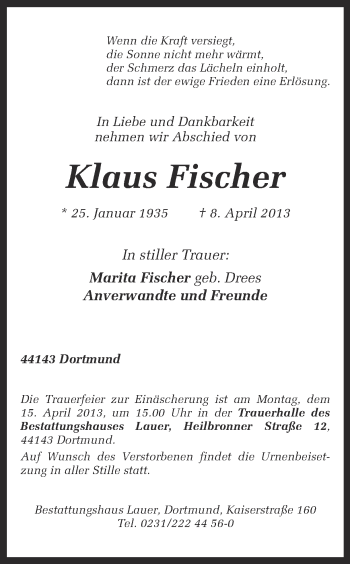 Traueranzeige von Klaus Fischer von Ruhr Nachrichten