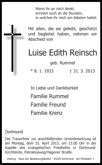 Traueranzeige von Luise Edith Reinsch von Ruhr Nachrichten