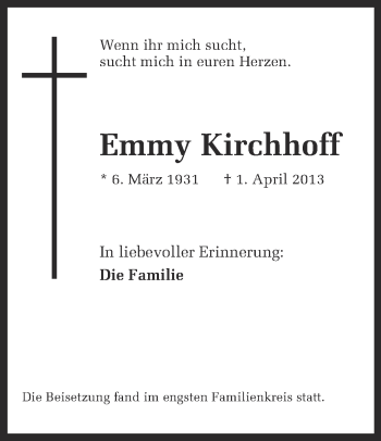 Traueranzeige von Emmy Kirchhoff von Ruhr Nachrichten