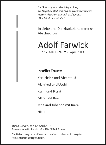 Traueranzeige von Adolf Farwick von Münstersche Zeitung und Grevener Zeitung