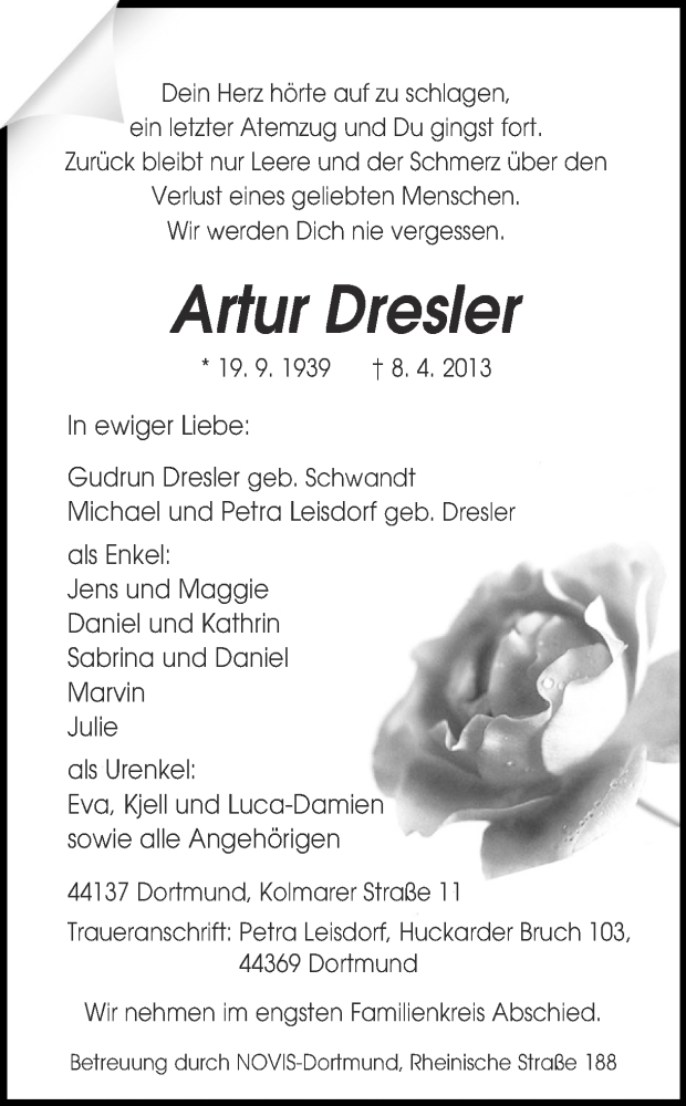  Traueranzeige für Artur Dresler vom 13.04.2013 aus Ruhr Nachrichten