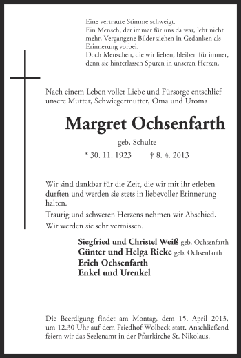 Traueranzeige von Margret Ochsenfurth von Münstersche Zeitung und Grevener Zeitung