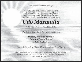 Traueranzeige von Udo Marmulla von Ruhr Nachrichten