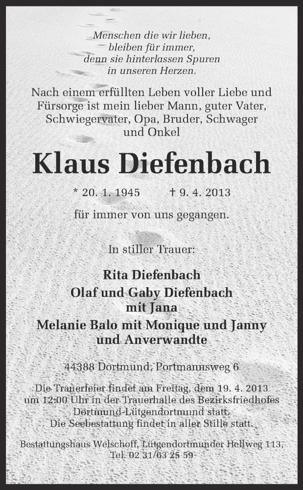  Traueranzeige für Klaus Diefenbach vom 13.04.2013 aus Ruhr Nachrichten