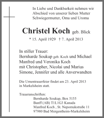 Traueranzeige von Christel Koch von Ruhr Nachrichten