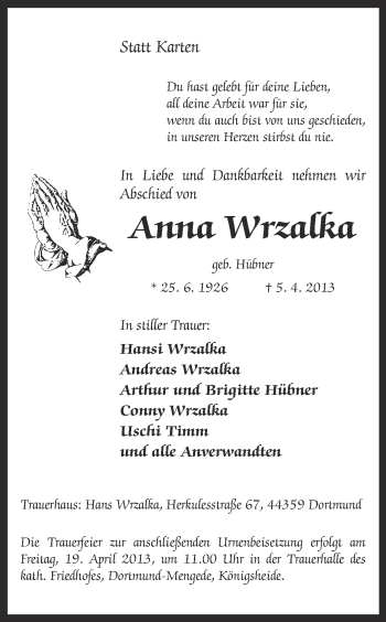 Traueranzeige von Anna Wrzalka von Ruhr Nachrichten