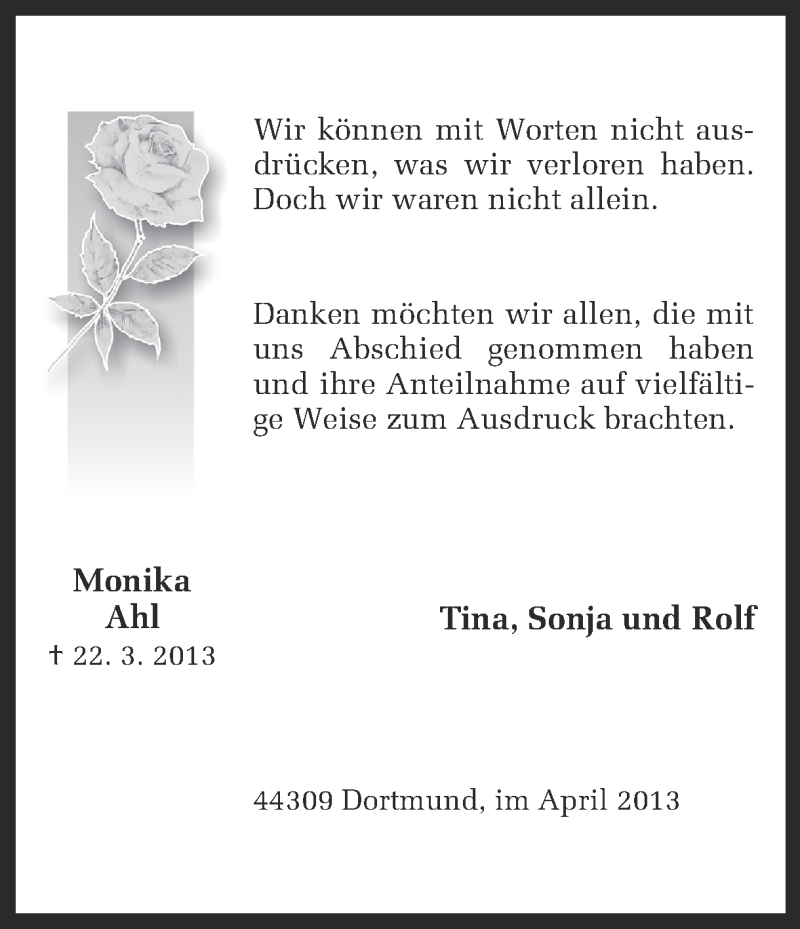  Traueranzeige für Monika Ahl vom 13.04.2013 aus Ruhr Nachrichten