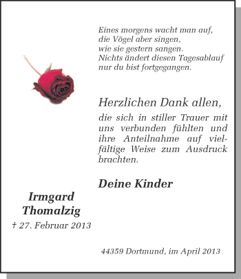 Traueranzeige von Irmgard Thomalzig von Ruhr Nachrichten