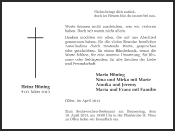 Traueranzeige von Heinz Hüning von Ruhr Nachrichten