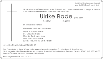 Traueranzeige von Ulrike Rade von Ruhr Nachrichten