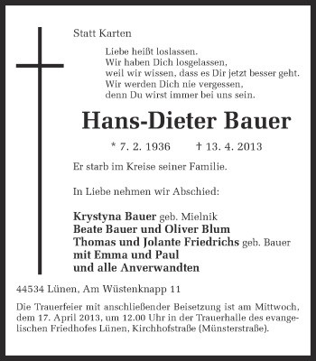 Traueranzeige von Hans-Dieter Bauer von Ruhr Nachrichten