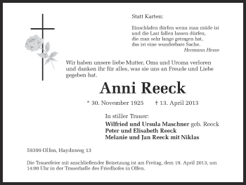 Traueranzeige von Anni Heeck von Ruhr Nachrichten