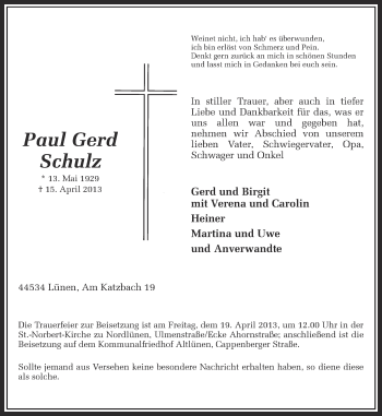 Traueranzeige von Paul Gerd Schulz von Ruhr Nachrichten