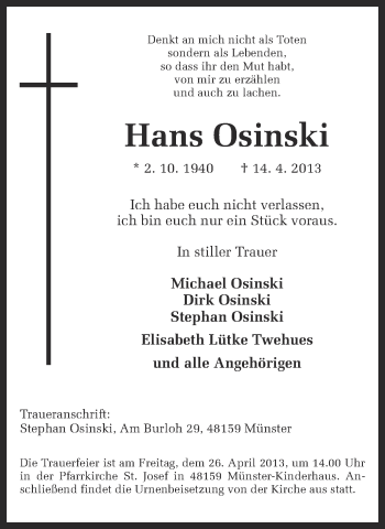 Traueranzeige von Hans Osinski von Münstersche Zeitung und Grevener Zeitung
