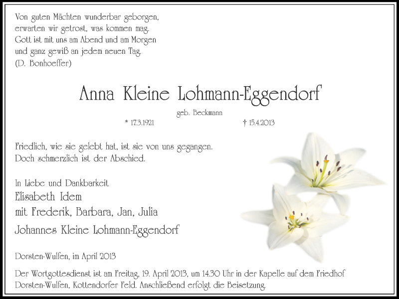  Traueranzeige für Anna Kleine Lohmann-Eggendorf vom 17.04.2013 aus Ruhr Nachrichten und Dorstener Zeitung
