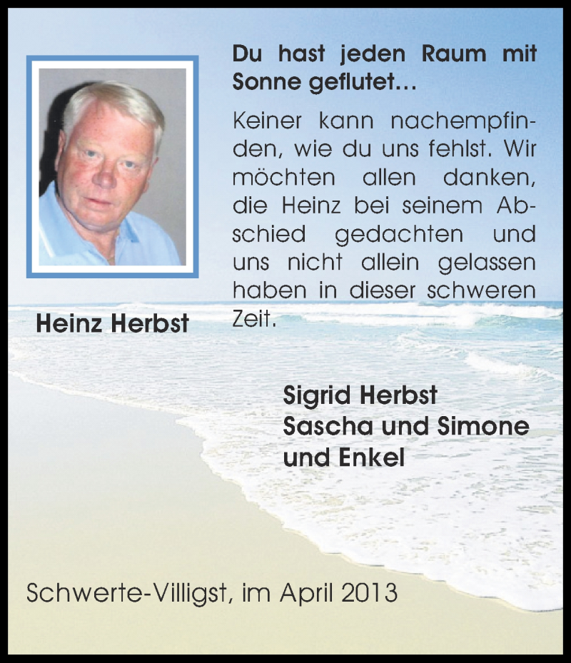  Traueranzeige für Heinz Herbst vom 20.04.2013 aus Ruhr Nachrichten