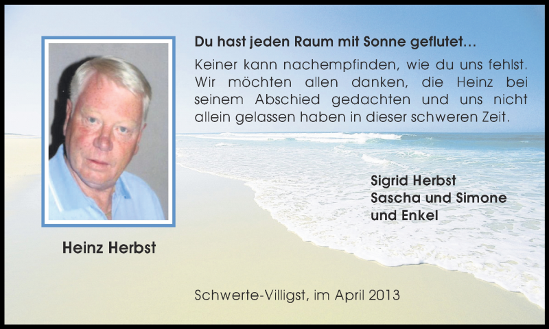  Traueranzeige für Heinz Herbst vom 20.04.2013 aus Ruhr Nachrichten