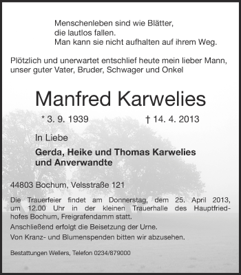 Traueranzeige von Manfred Karwelies von Ruhr Nachrichten