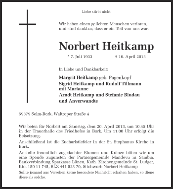 Traueranzeige von Norbert Heitkamp von Ruhr Nachrichten