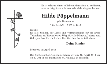 Traueranzeige von Hilde Pöppelmann von Münstersche Zeitung und Grevener Zeitung