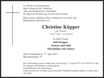 Traueranzeige von Christine Küpper von Ruhr Nachrichten und Dorstener Zeitung